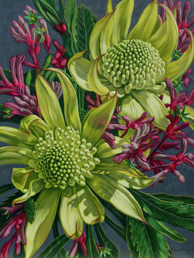 Flower Painting - Green Waratahs with Kangaroo Paws by Fiona Craig
