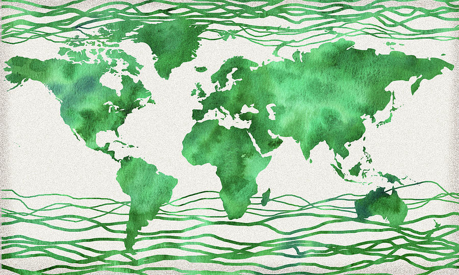 Green Wave Watercolor Map Of The World  Painting by Irina Sztukowski