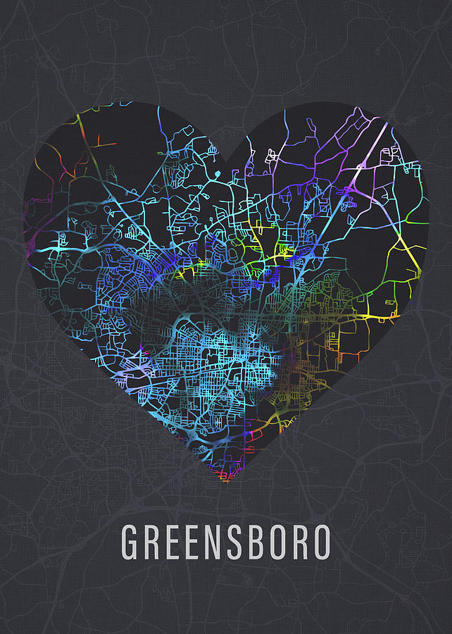 Greensboro Mixed Media - Greensboro North Carolina City Heart Street Map Love Dark Mode by Design Turnpike