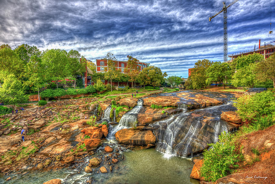 Greenville SC Reedy River Falls Park Construction Landscape Big Brother Waterfall Art Photograph by Reid Callaway