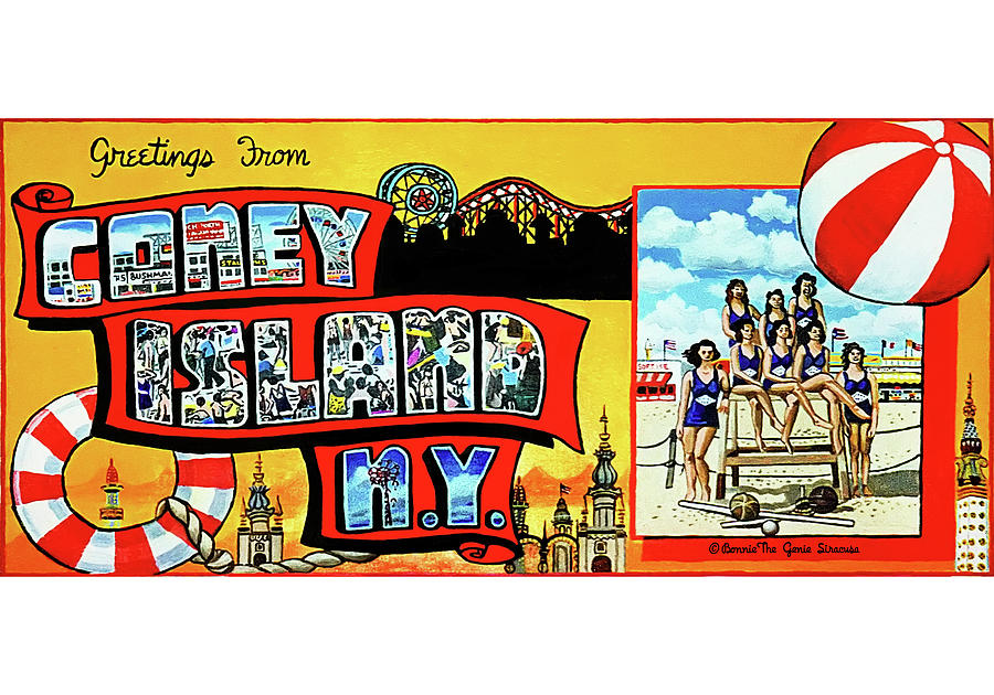 Greetings From Coney Island Full Pillow version 20 Painting by Bonnie Siracusa