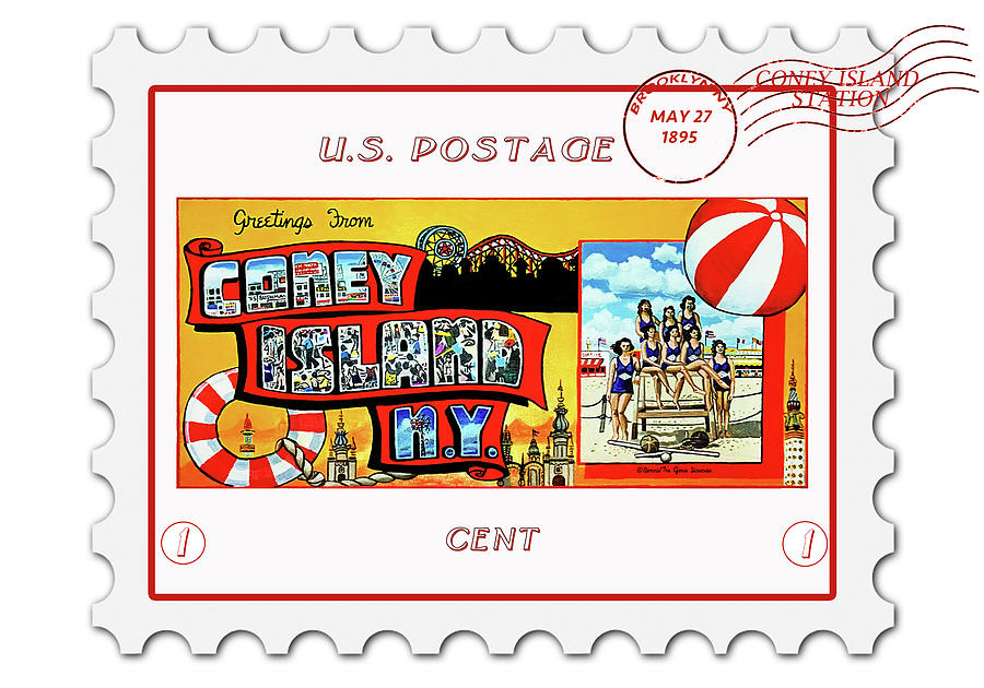 Greetings From Coney Island Stamp Pillow Version 20 Painting by Bonnie Siracusa