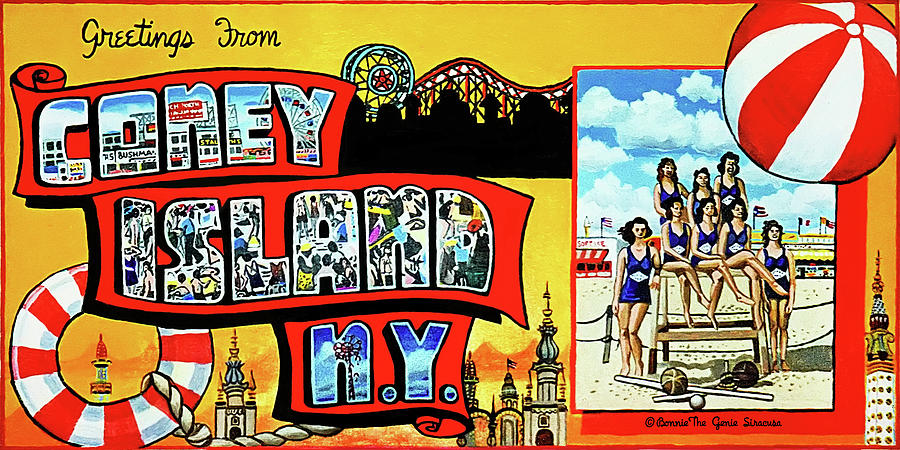 Greetings From Coney Island Towel Version Painting by Bonnie Siracusa