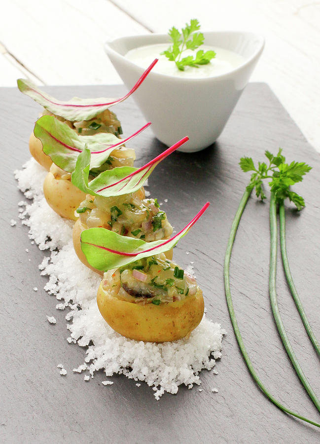 Grenaille Potatoes Stuffed With Oyster And Bass Tartare Photograph by Sauvages