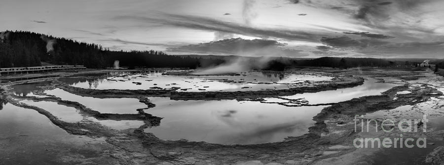 Yellowstone National Park Photograph - Great Fountain Geyser Pastel Sunset Panorama Black And White by Adam Jewell