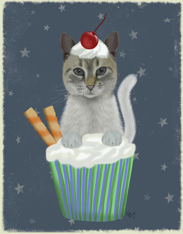 Cat Painting - Grey Cat Cupcake by Fab Funky