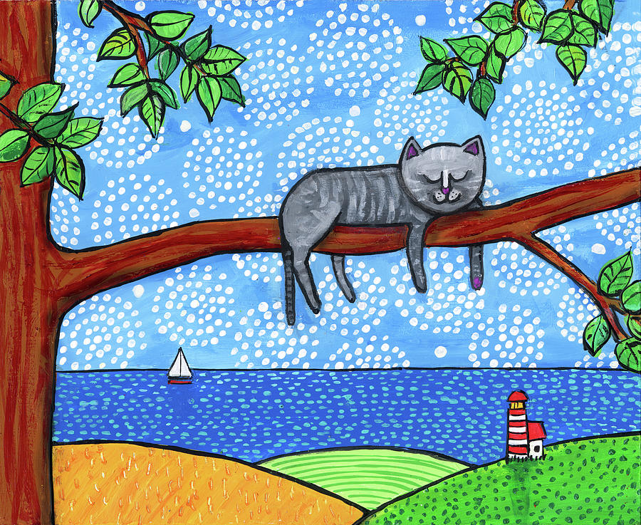 Summer Painting - Grey Cat Sleeping In Tree by Shelagh Duffett