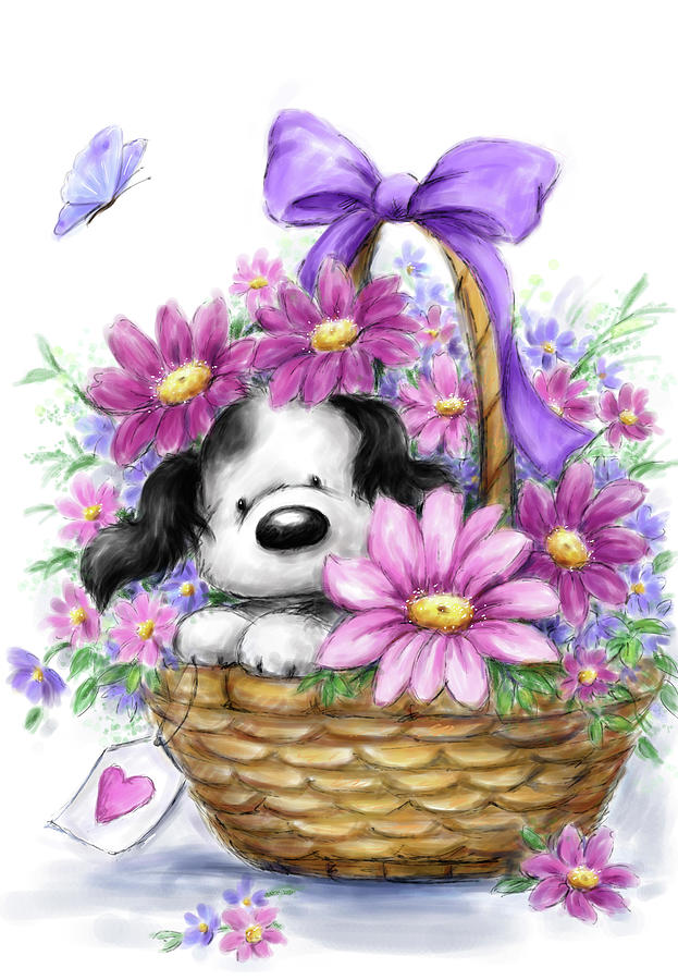 Flower Mixed Media - Grey Dog In Basket by Makiko