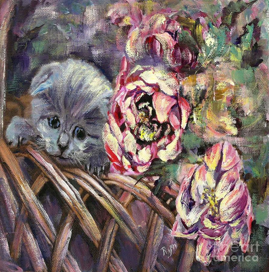 Grey Kitten in Basket of Double Peony Floworing Tulips Painting by Ryn Shell