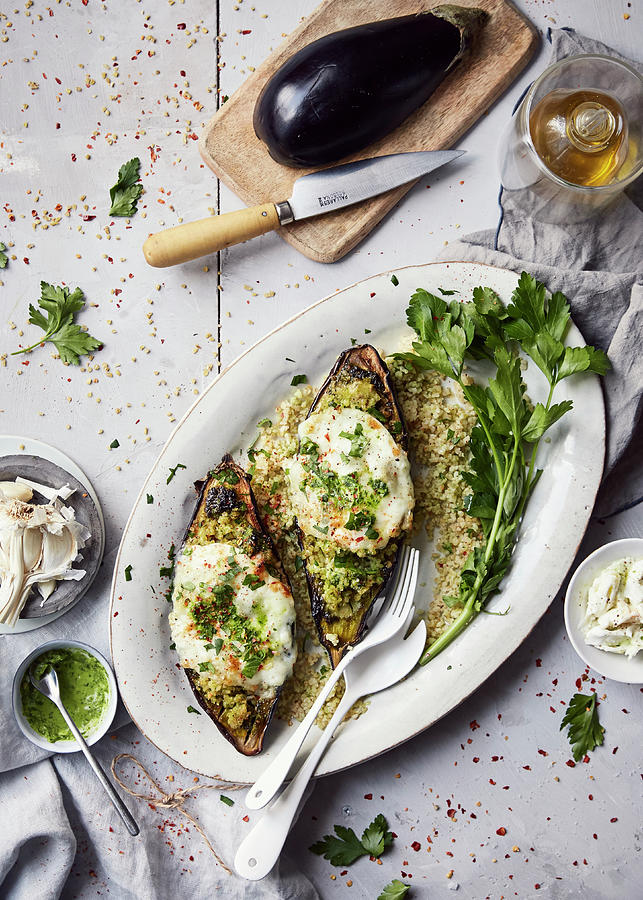 Grilled Aubergines Stuffed With Bulgur And Mozzarella,oil And Parsley Photograph by Zo & Blaise