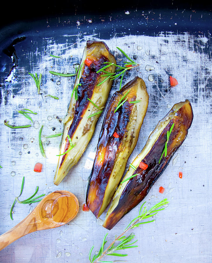 Grilled Aubergines With Honey And Rosemary seen From Above Photograph by Udo Einenkel