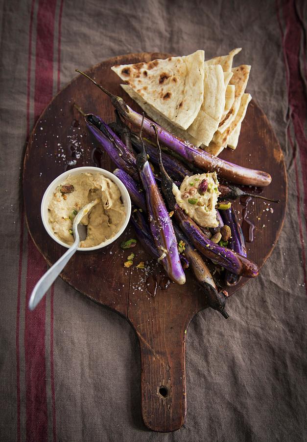 Grilled Aubergines With Houmous And Flat Bread Photograph by Eising Studio