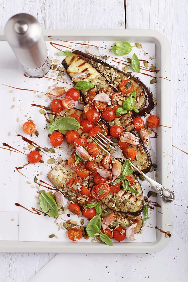 Grilled Aubergines With Tomatoes, Garlic And Fresh Basil Photograph by Natalia Mantur