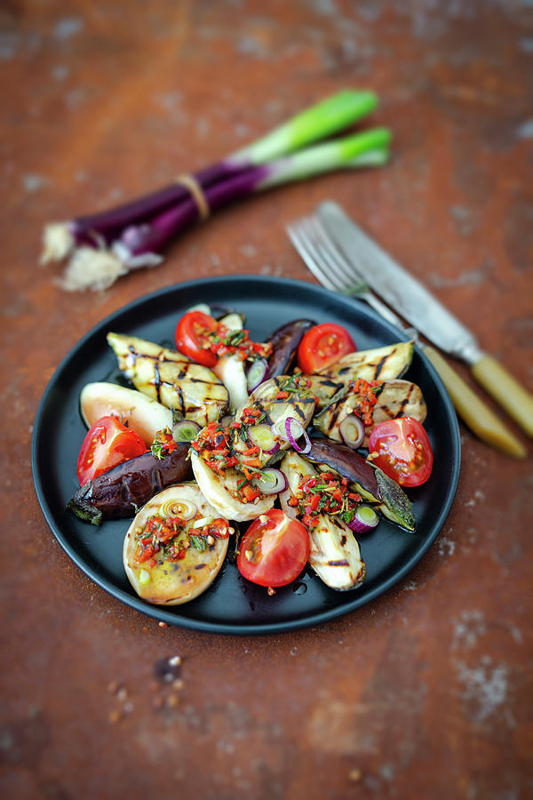 Grilled Baby Aubergines With Tomatoes, Roasted Buckwheat And A Chimichurri Dressing Photograph by Jan Wischnewski