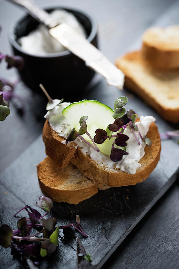 Grilled Baguette With Cashew Cream, Cucumber And Cress Photograph by Kati Neudert