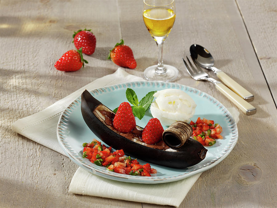 Grilled Banana Gondolas With Chocolate And Strawberry Salsa Photograph by Photoart / Stockfood Studios