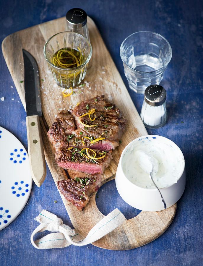 Grilled Beef Steak With A Dip Photograph by Manuela Rther