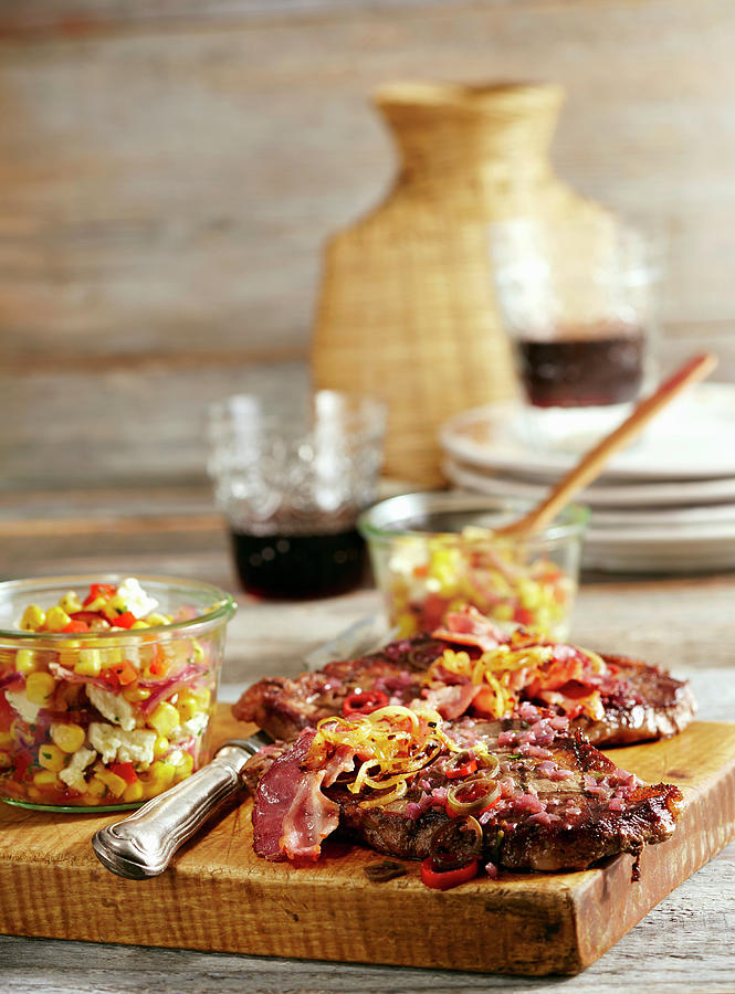 Grilled Beef Steak With Bacon, Onions And Corn Salad With Cheese mexico Photograph by Teubner Foodfoto