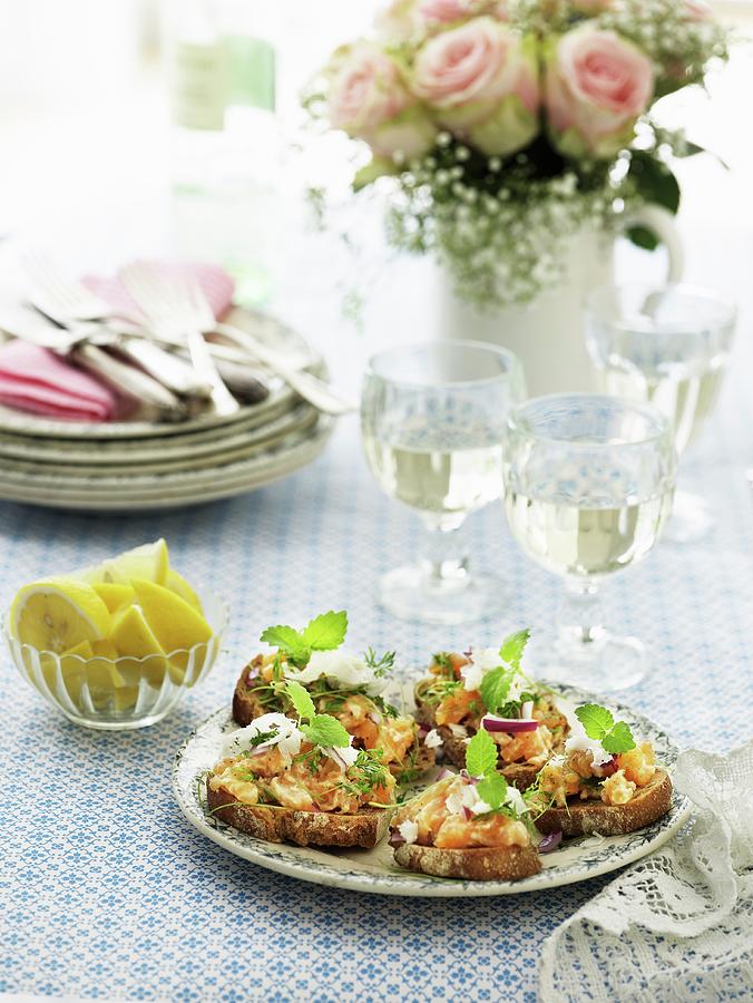 Grilled Bread Topped With Salmon Tatar Photograph by Mikkel Adsbl