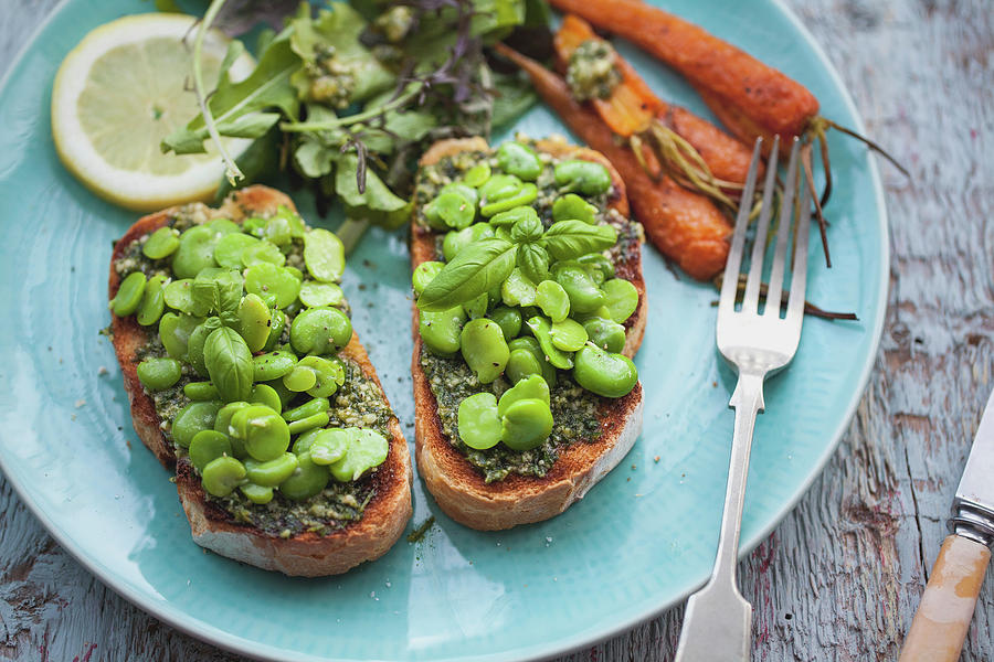 Grilled Bread With Broad Beans, Pesto And Basil Photograph by Lara Jane Thorpe