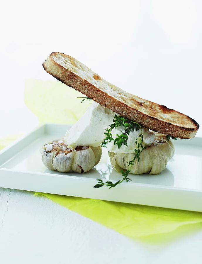 Grilled Bread With Roasted Garlic And Goat's Cream Cheese Photograph by