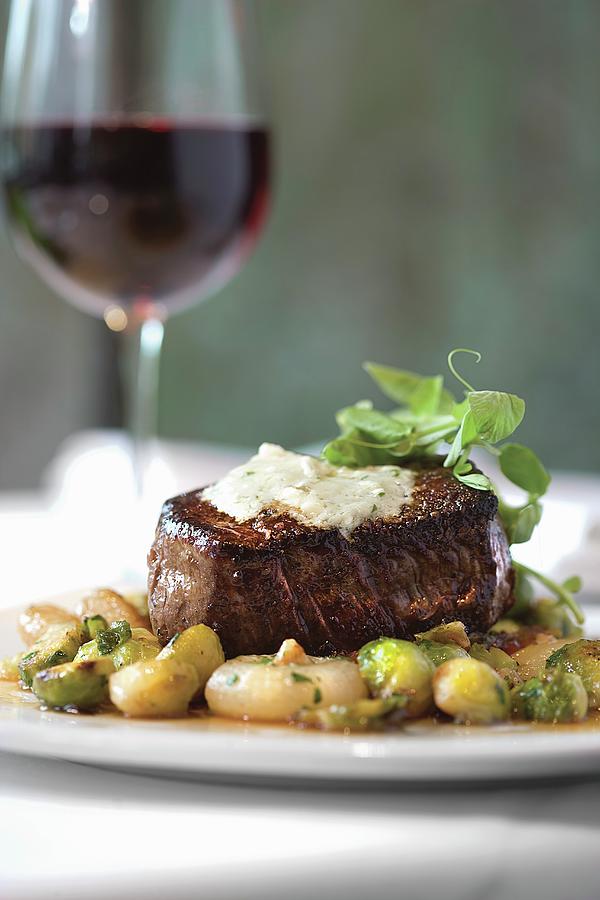 Grilled Certified Angus Beef Tenderloin With Maytag Blue Cheese Butter And Ragout Of Brussels Sprouts Photograph by Cindy Haigwood