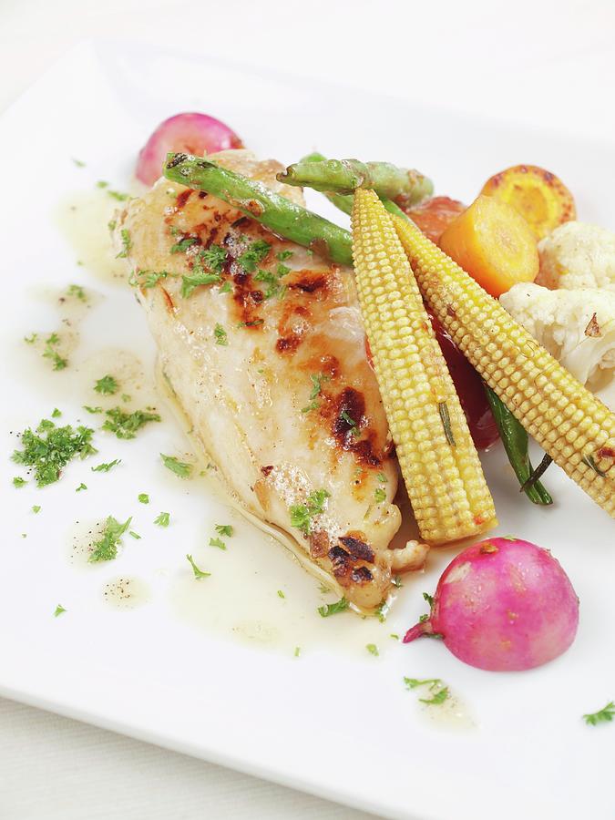 Grilled Chicken Breast With Butter Sauce And Baby Sweetcorn Photograph by Yuichi Nishihata Photography