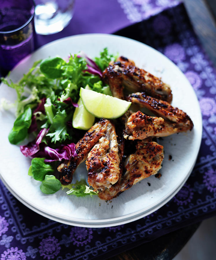 Grilled Chicken Wings With Ginger, Lime And Salad Photograph by Karen Thomas