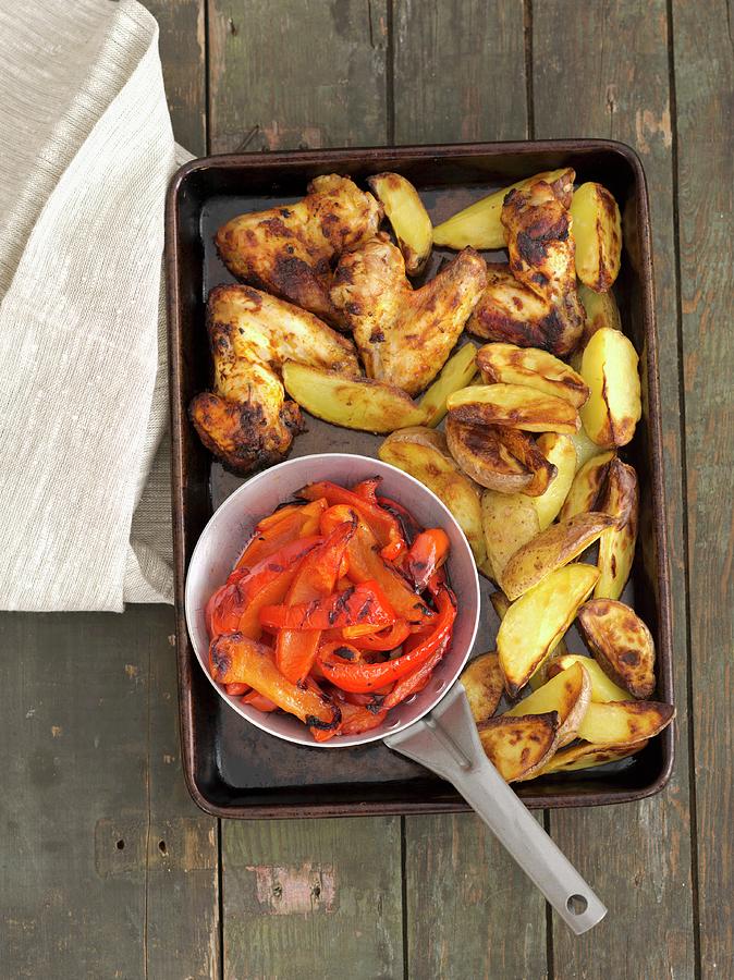 Grilled Chicken Wings With Potato Wedges And Peppers Photograph by Rua Castilho