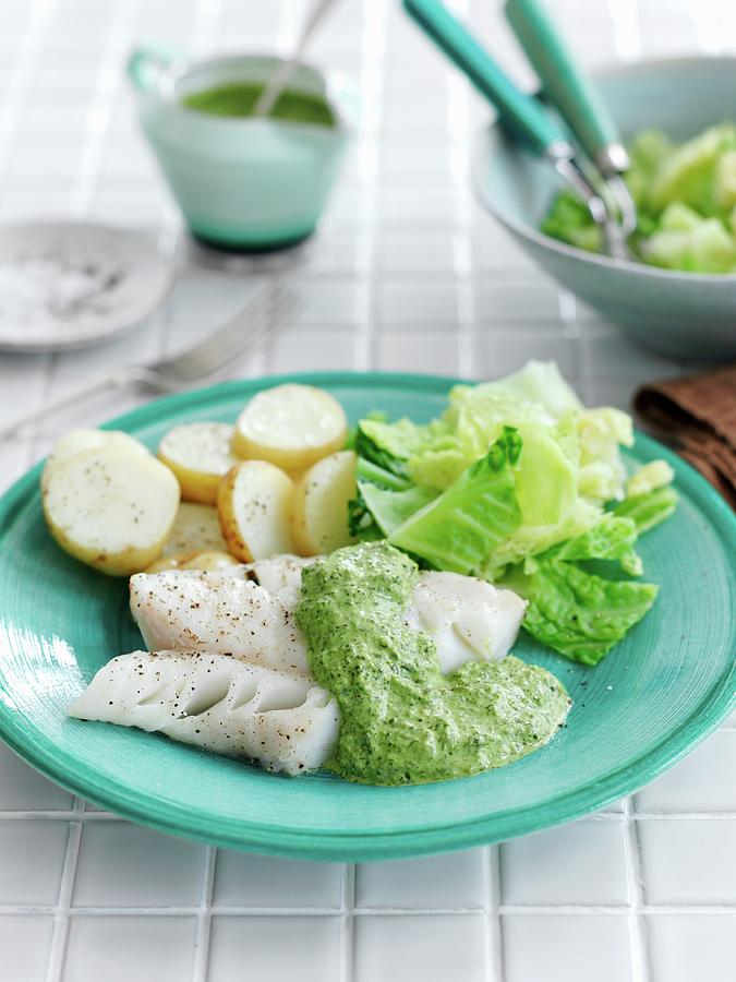 Grilled Cod With A Cress Sauce And Potatoes Photograph by Gareth Morgans