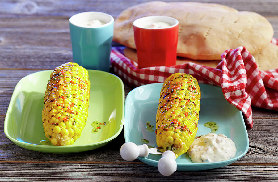 Grilled Corn Cobs With Chilli Butter, Gorgonzola Dip And Unleavened Bread Photograph by Teubner Foodfoto