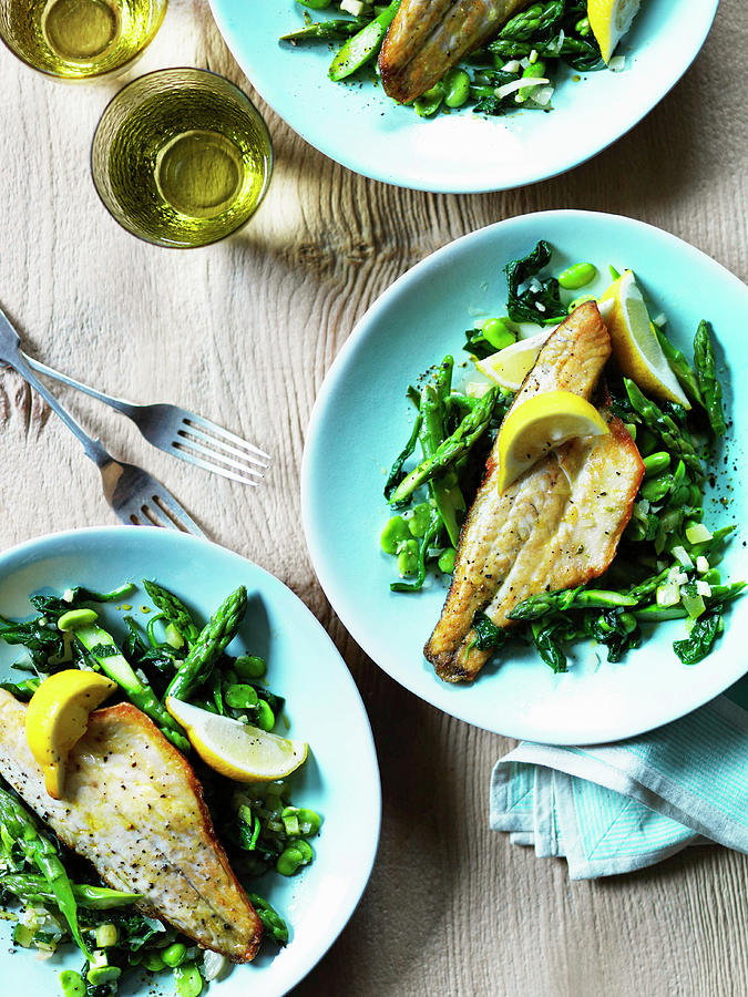 Grilled Dorade With Peas, Asparagus And Edamame Photograph by Karen Thomas