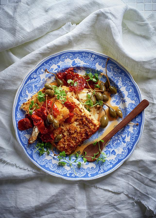 Grilled Feta With Cumin, Giant Capers And Fried Tomatoes Photograph by ...