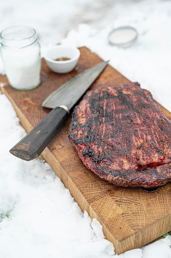 Grilled Flank Steak On Wooden Board Photograph by Sebastian Schollmeyer