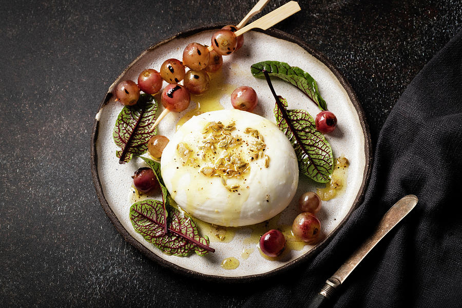 Grilled Grapes With Burrata, Fennel Seeds, Olive Oil And Beet Leaves Photograph by Zuzanna Ploch