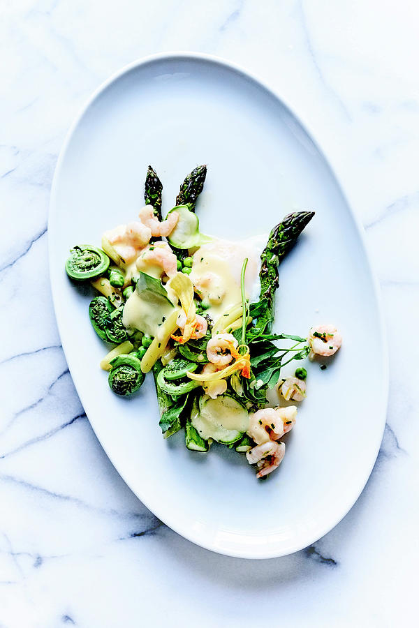 Grilled Green Asparagus,kale Cabbahe Leaves,butter Beans And Courgettes With Butter Sauce With Shrimps Photograph by Amiel