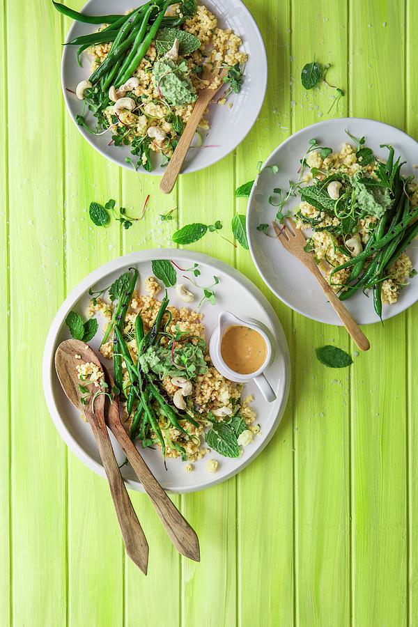 Grilled Green Beans On Millet Salad With A Chickpea Dressing And Cashew Nut Pure Photograph by Great Stock!