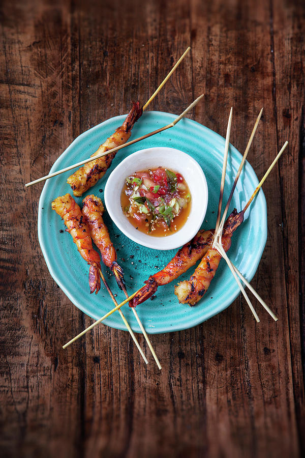 Grilled King Prawn Skewers With A Sweet And Spicy Tomato Dip Photograph by Michael Wissing
