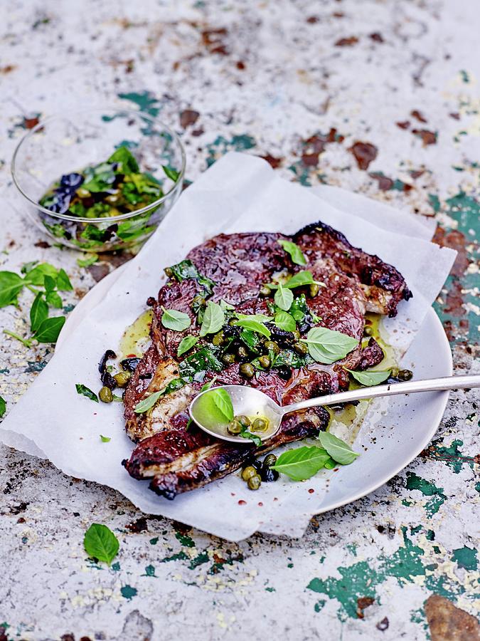 Grilled Lamb With Caper, Olive And Basil Sauce Photograph by Amiel