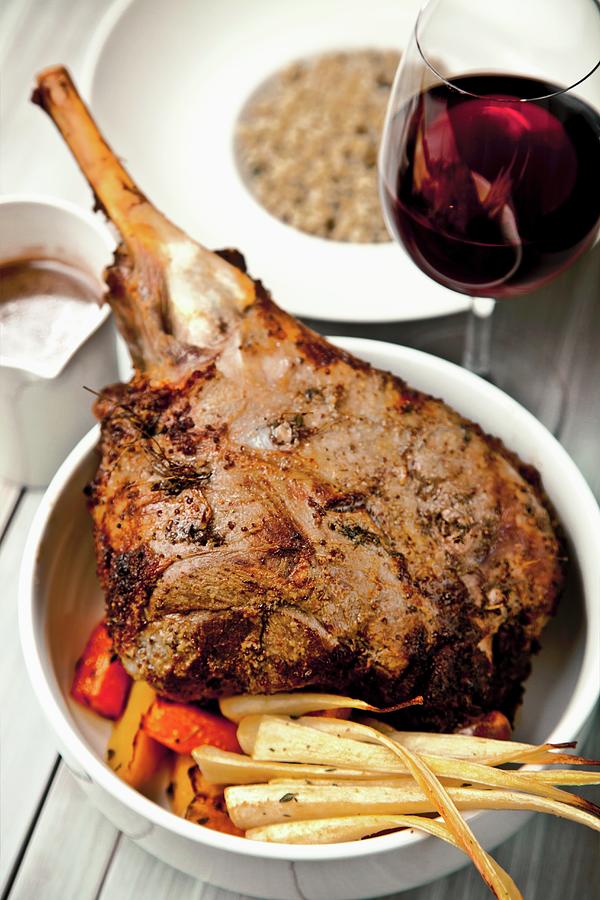Grilled Leg Of Lamb With Oven Vegetables And Red Wine Photograph by Zemgalietis, Maris
