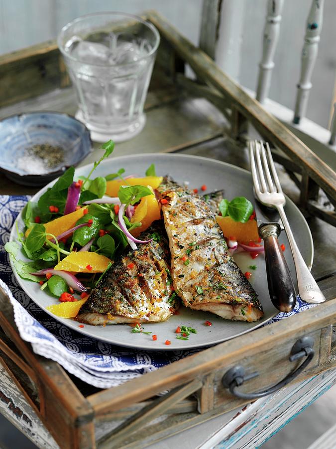 Grilled Mackerel With Chilli And A Citrus And Watercress Salad Photograph by Gareth Morgans