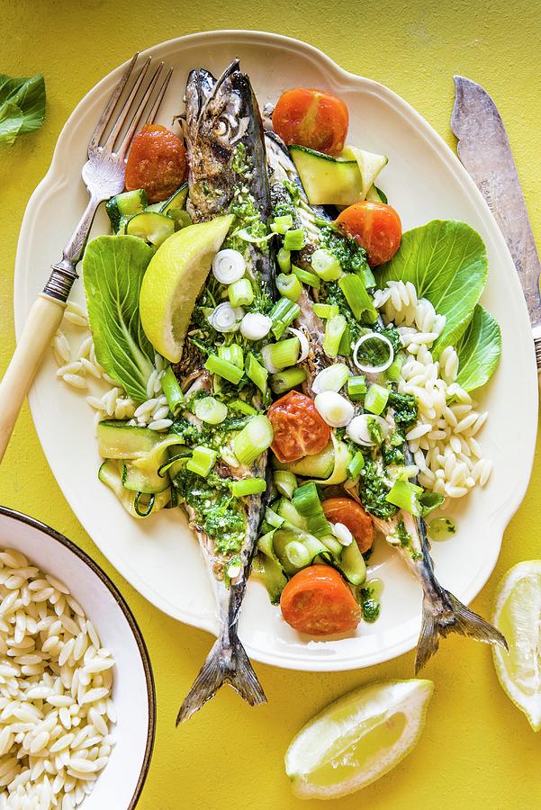 Grilled Mackerel With Pesto And Orzo Pasta seen From Above Photograph by Magdalena Hendey