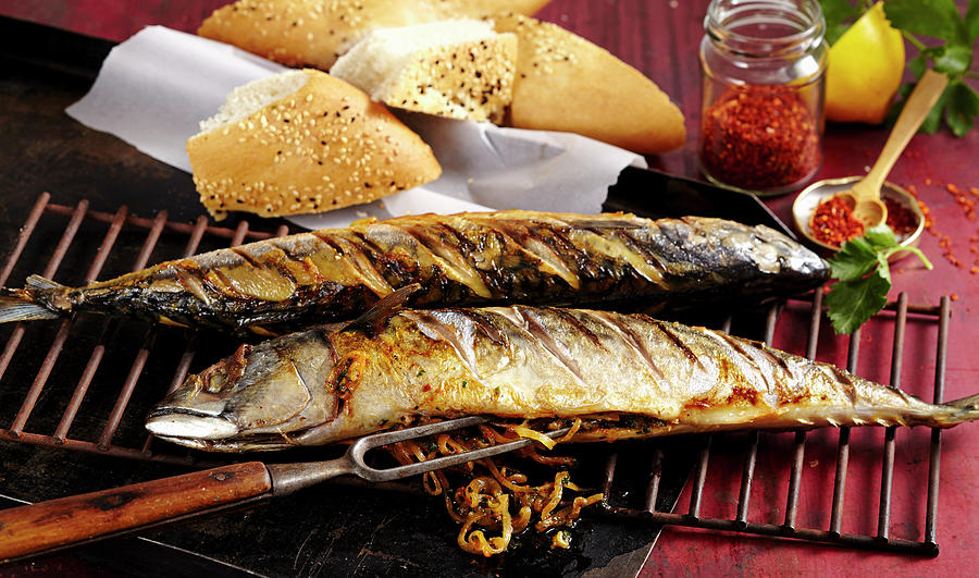 Grilled Mackerels Filled With Onions Served With Unleavened Sesame Seed Bread And Pul Biber turkey Photograph by Teubner Foodfoto