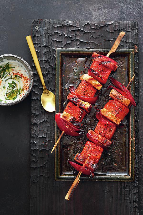 Grilled Melon Shashlik Skewers With Marinated Pork Belly And Yoghurt And Mint Sauce Photograph by Jalag / Mathias Neubauer