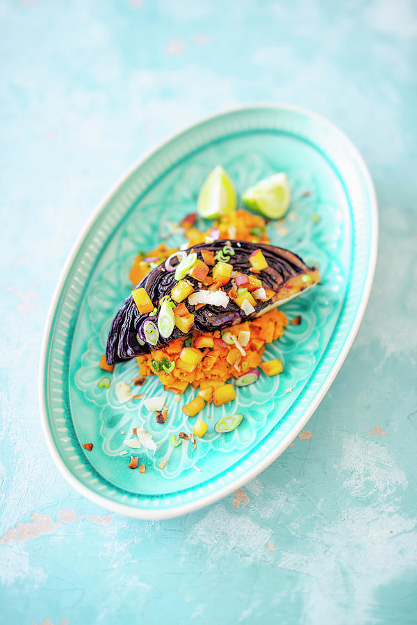 Grilled Miso Red Cabbage With Pumpkin And Coconut Pure And Diced Peaches vegan Photograph by Jan Wischnewski