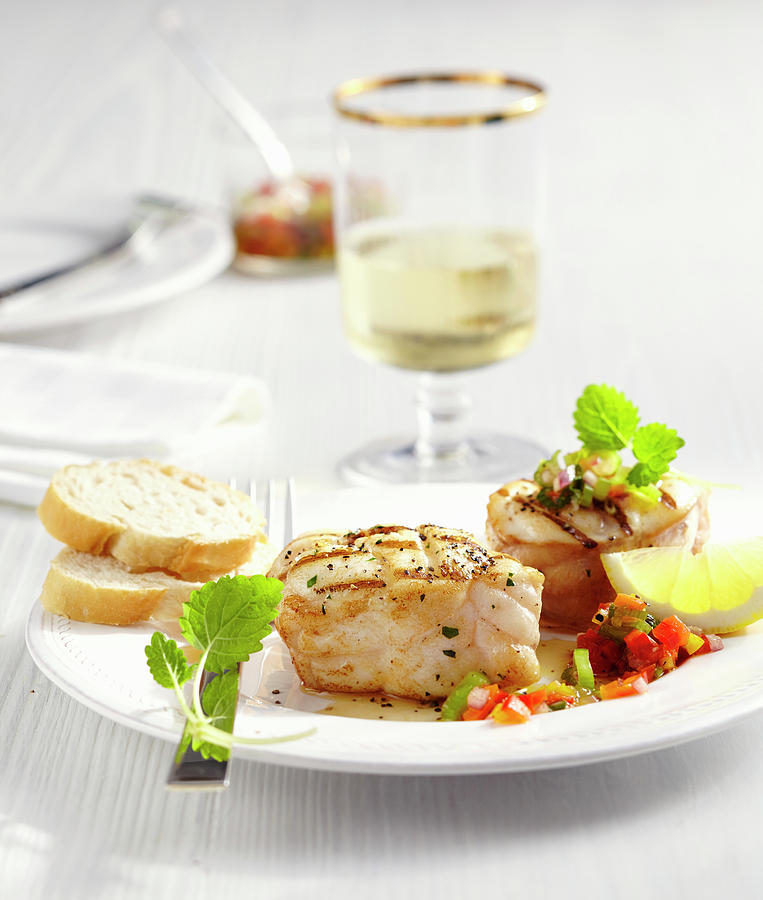 Grilled Monk Fish Medallions With Pepper Salsa, Lemon And White Bread Photograph by Teubner Foodfoto