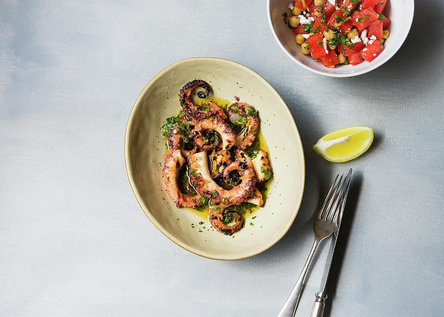 Grilled Octopus With Watermelon Salad Photograph by Lisa Rees