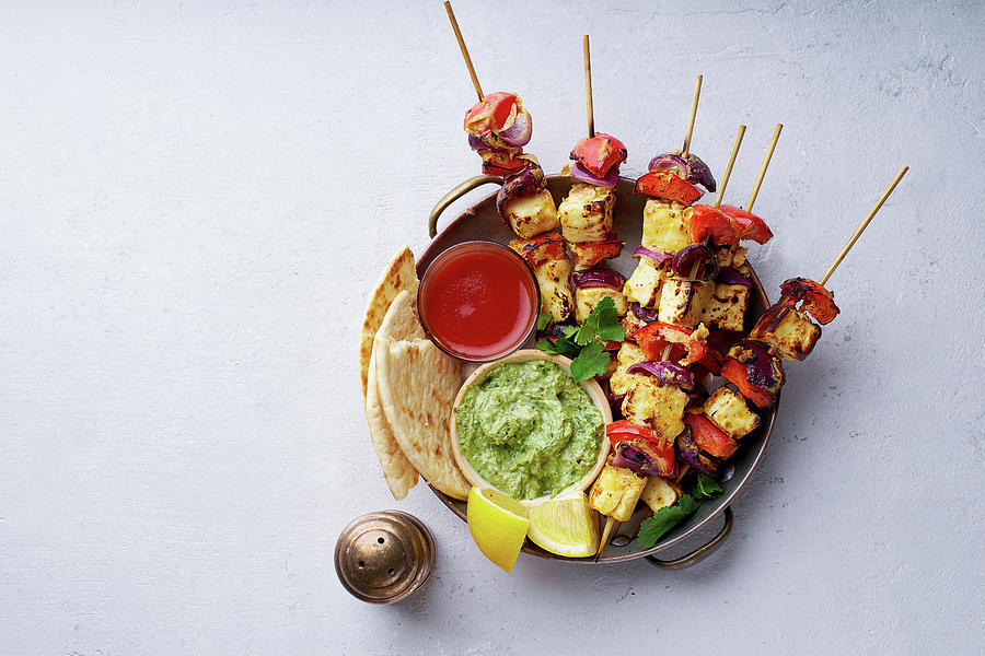 Grilled Onion And Pepper Paneer Skewers With, Flatbread, Chilli And Peppermint Sauce Photograph by Asya Nurullina