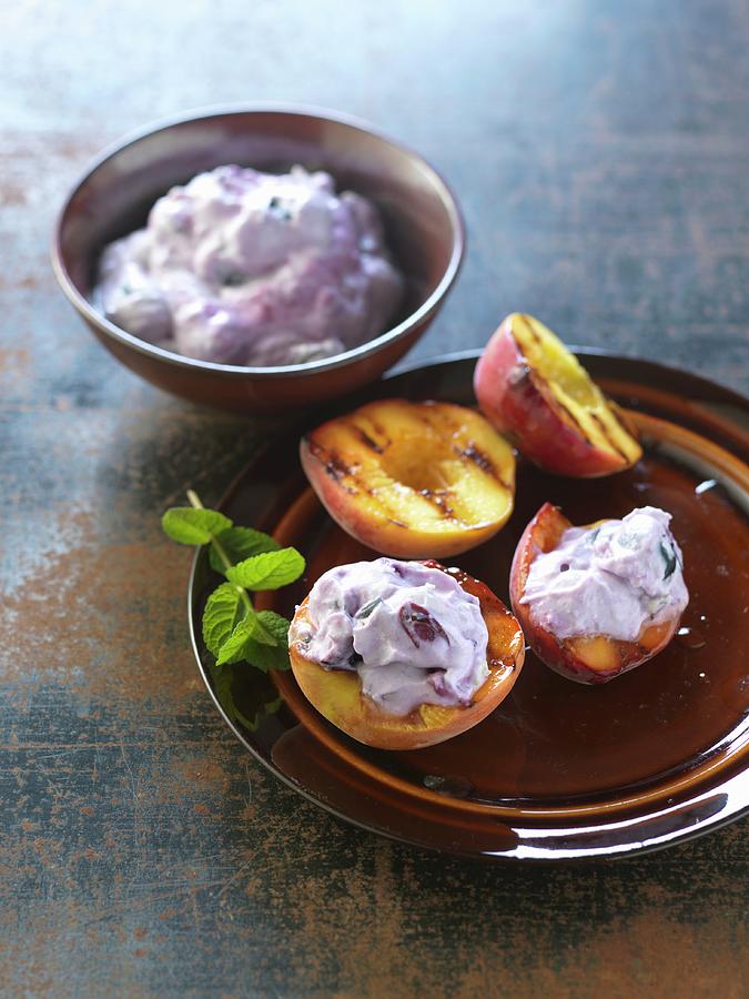 Grilled Peaches With Blueberry Mascarpone Photograph by Ulrike Koeb
