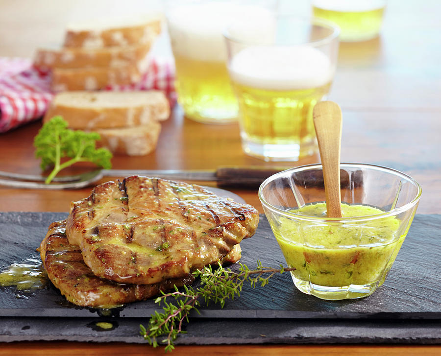 Grilled Pork Steaks In A Herb And Mustard Marinade, Beer And White Bread Photograph by Teubner Foodfoto